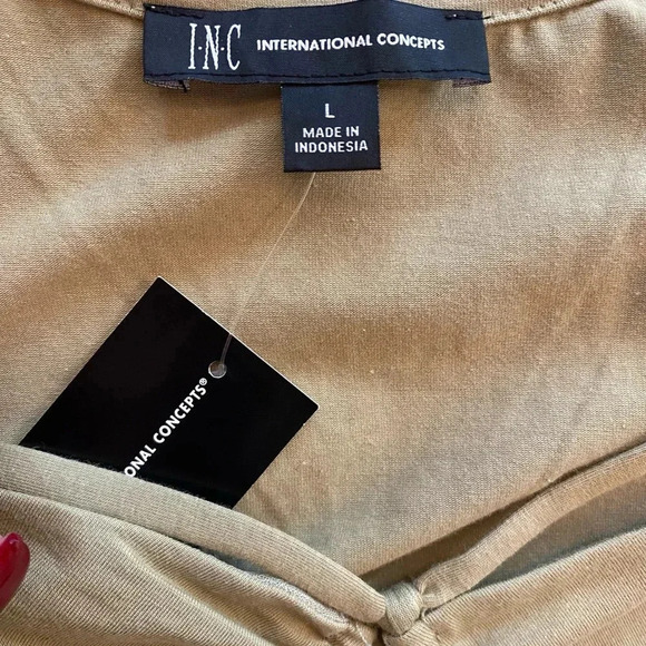 INC Women’s unique strap ruched three quarter sleeve peep NEW cotton top large - Picture 6 of 10